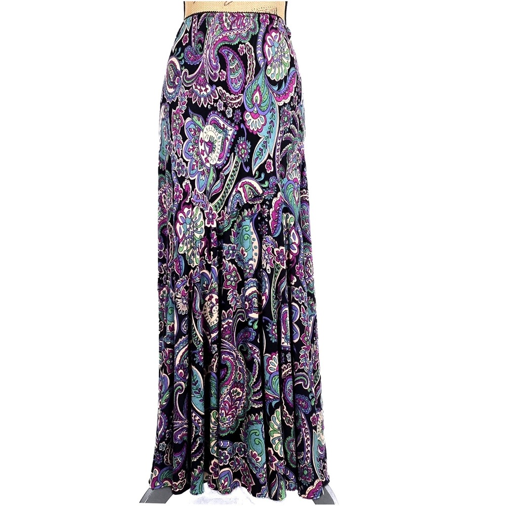 Boho Paisley Lola P. Women Small Black Purple Teal Midi A-Line Ruffle Hem Skirt